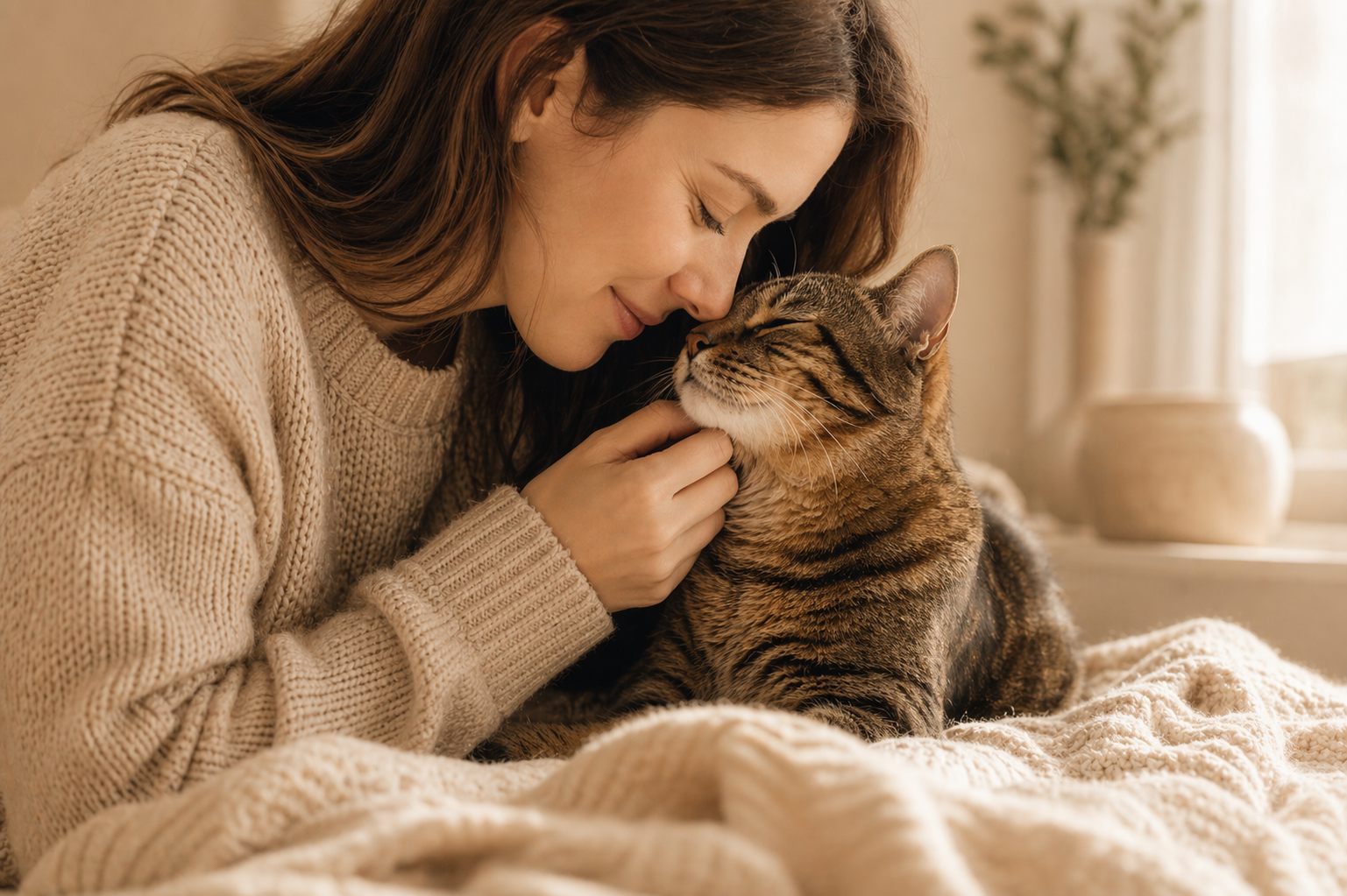 Woman bonding closely with her cat