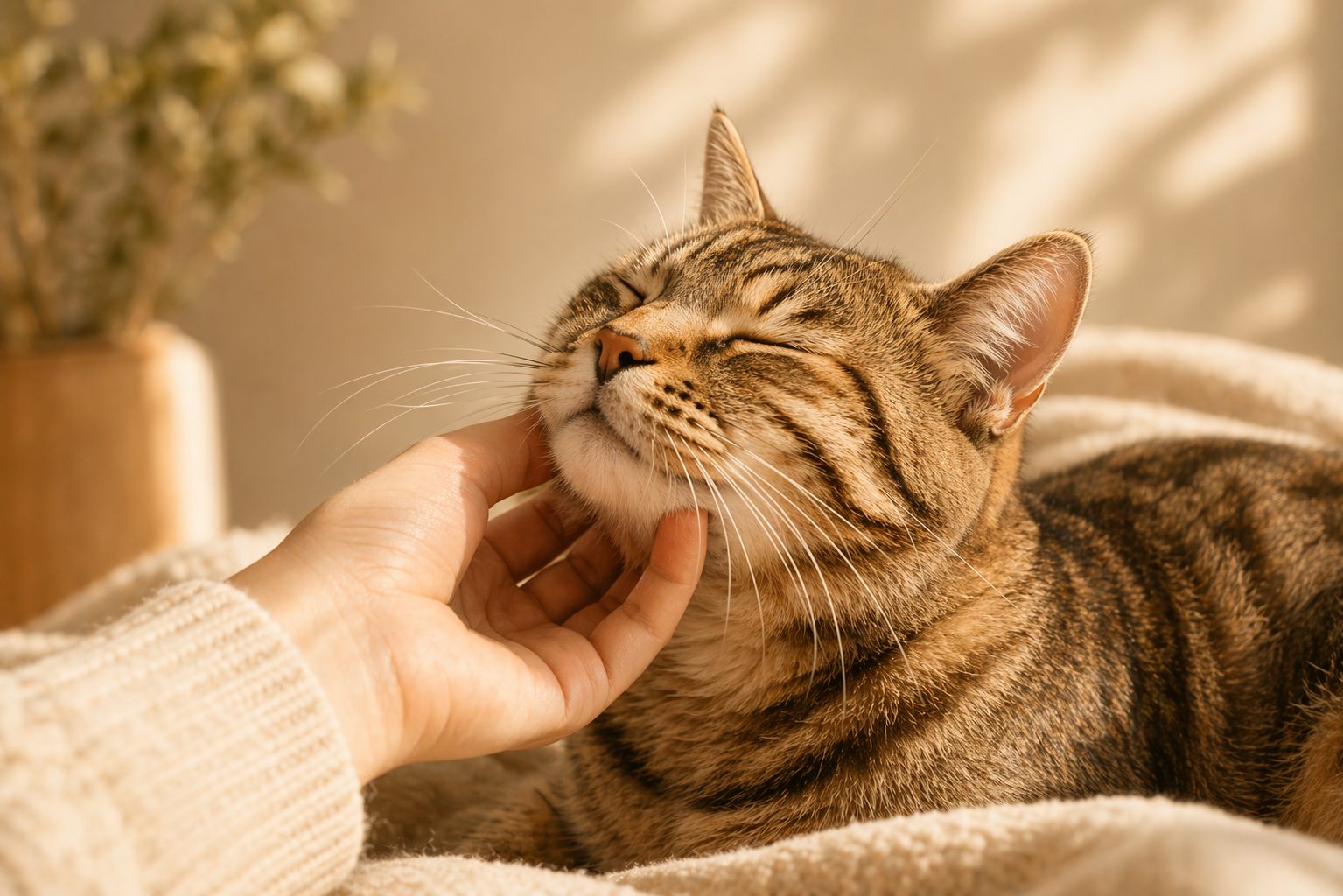 Happy cat receiving a gentle chin scratch