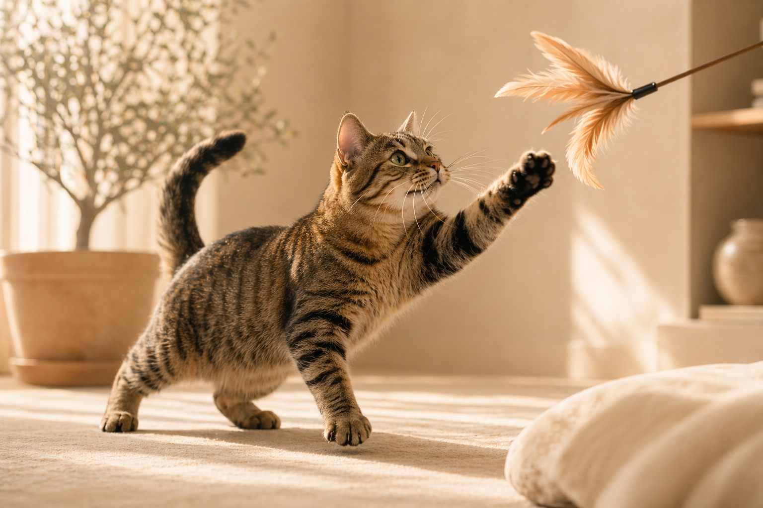 Cat playing with a feather toy
