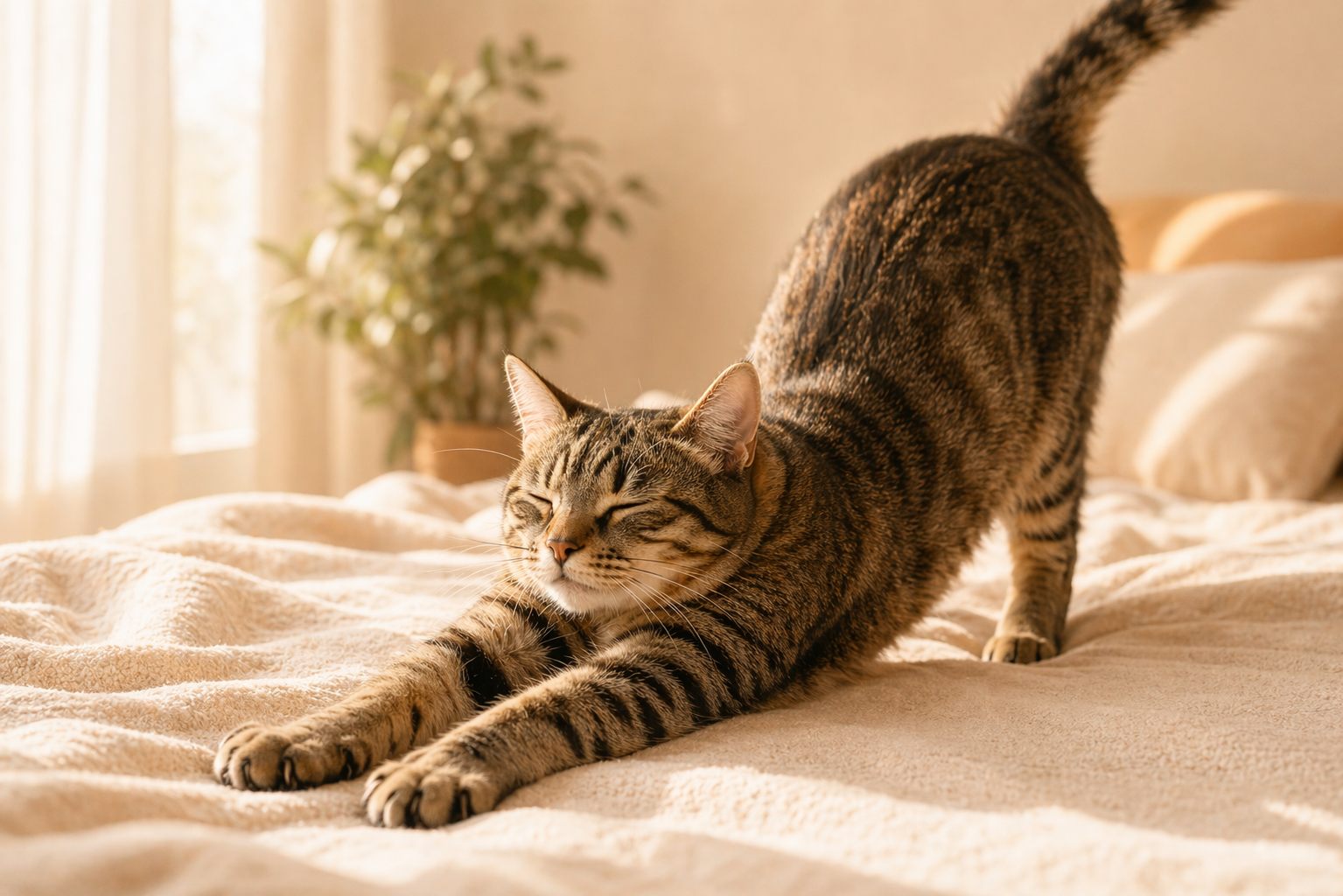 Cat stretching on a soft blanket