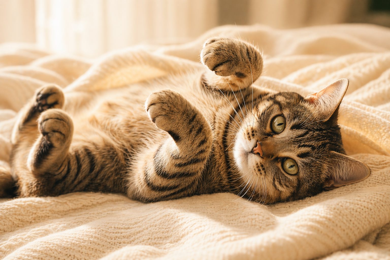 Relaxed cat lying on a soft blanket