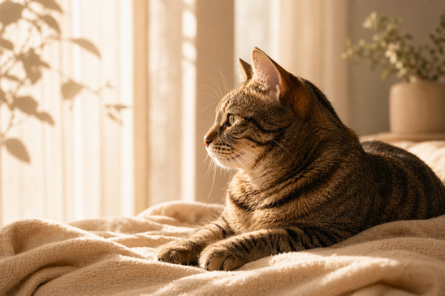 Cat resting in warm window light