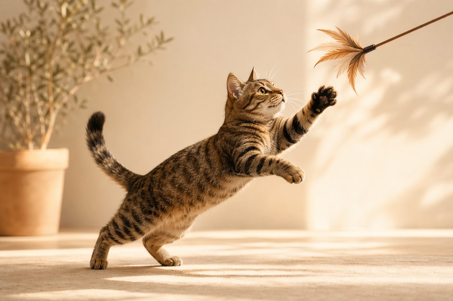 Cat playing with a feather toy