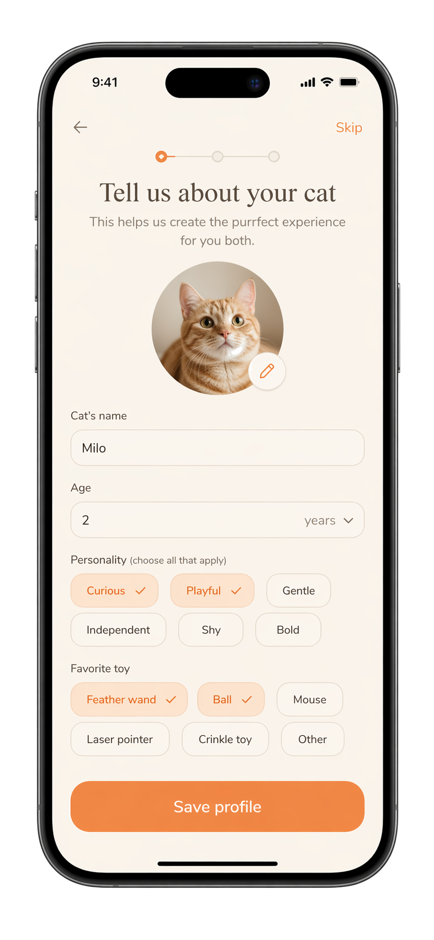 Create your cat's profile in minutes. screen in the CatPlay app