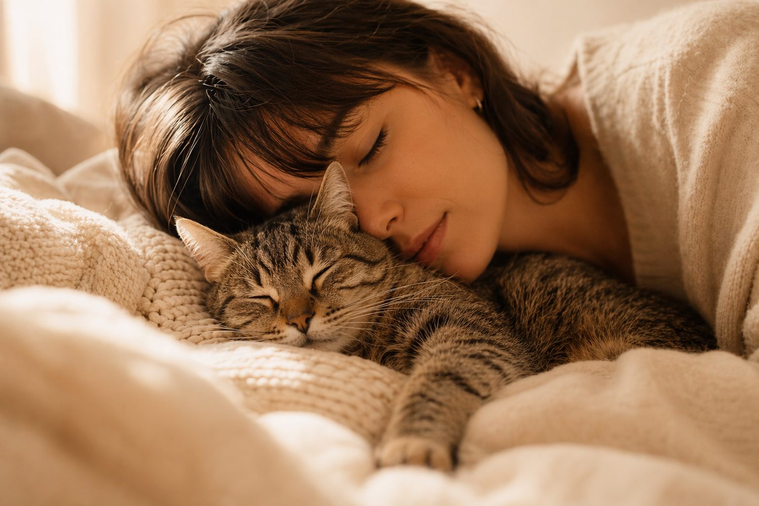 Calm cat resting close to its human